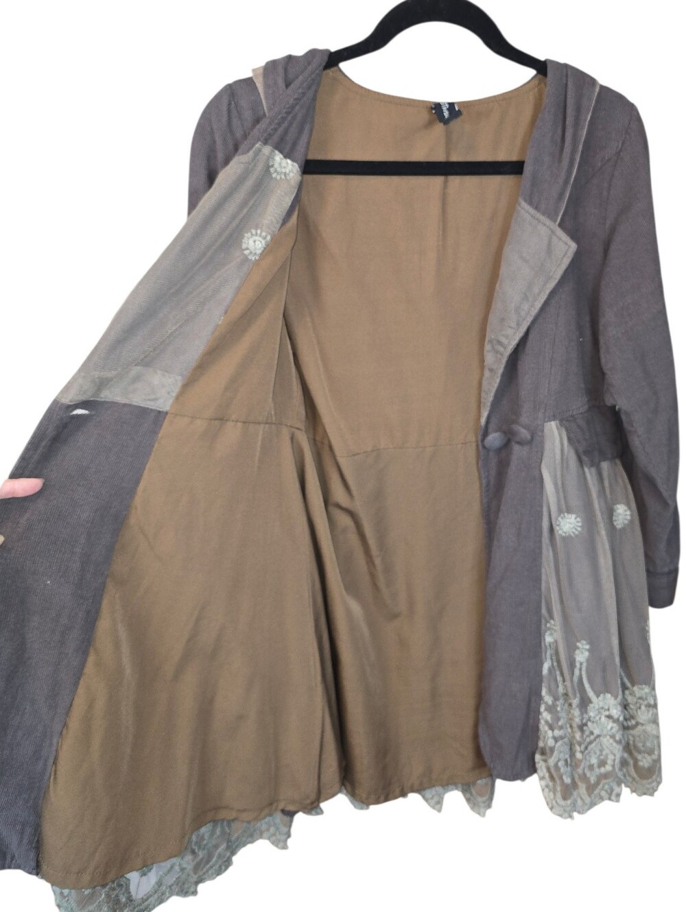 Sacred Threads Grey Corduroy & Embroidered Lace Hooded Jacket Coat - Size Small - Picture 11 of 13